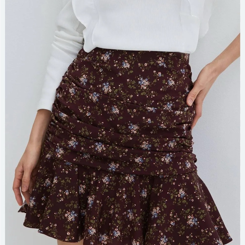 NWT Sz12 Veronica Beard Taras Floral-Print Ruched Silk Mini Skirt Merlot Ruffle